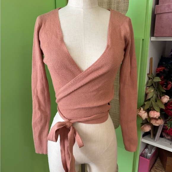 SHEIN Sweaters - Dusty Pink Ribbed Knit Wrap Sweater